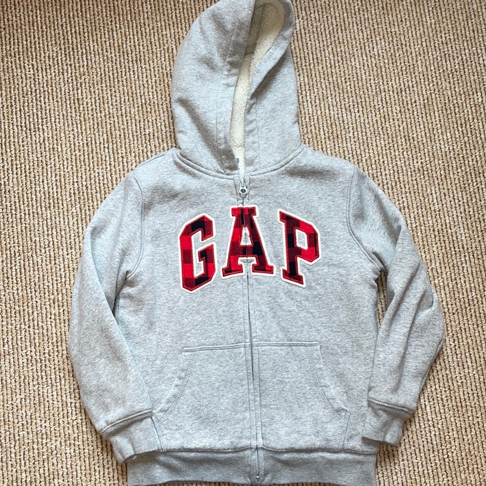 Gap Sherpa lined gray hoodie sweatshirt with red and black Buffalo plaid